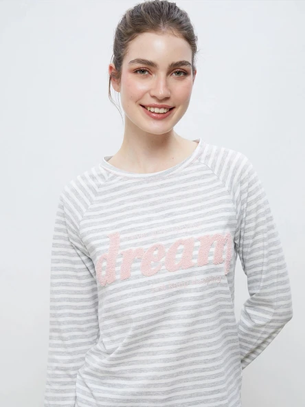 LCW DREAM Gri Bisiklet Yaka Nakışlı Kadın Pijama Takımı ürün görseli 1