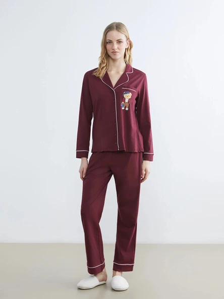 LCW DREAM Bordo Gömlek Yaka Ayı Teddy Baskılı Kadın Pijama Takımı ürün görseli 1