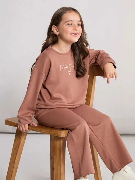 LCW Kids Kahverengi Bisiklet Yaka Kız Çocuk Sweatshirt ve Eşofman Altı ürün görseli 1