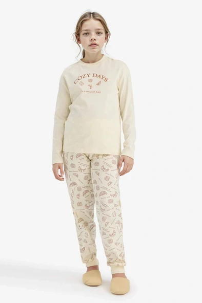 Defacto F6231A8ER91 Ekru Kız Çocuk Pijama Takımı Baskılı Uzun Kollu Üst Desenli Uzun Alt ürün görseli 1