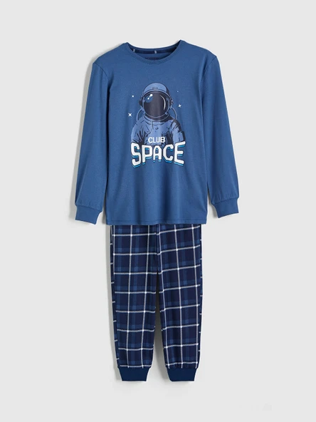 LCW Kids Mavi Bisiklet Yaka Baskılı Erkek Çocuk Pijama Takım ürün görseli 1