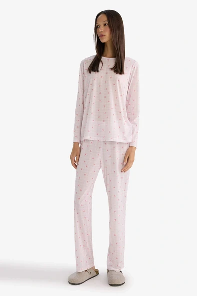 Defacto G6431AXPN648 Pembe Pijama Takımı Regular Fit Desenli Uzun Kollu Üst Uzun Alt ürün görseli 1