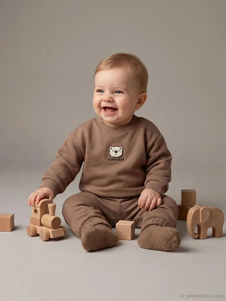 LCW baby Kahverengi Ayıcık Nakışlı Erkek Bebek Sweatshirt ve Eşofman Altı ürün görseli 1