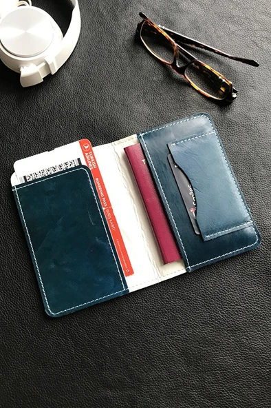Voyager Pasaport Kılıfı Minimalist Hakiki Deri Pasaportluk Mavi ürün görseli 1