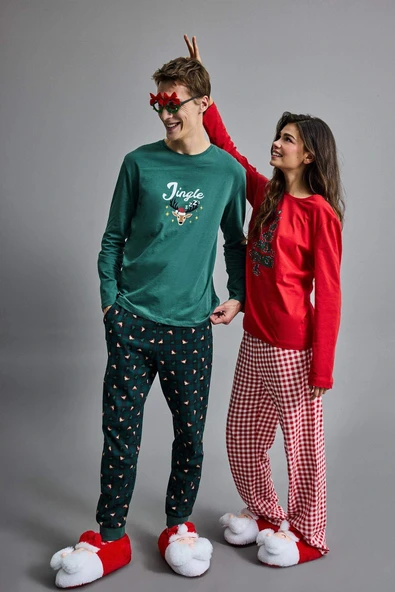 Defacto G2935AXGN1259 Yeşil Yılbaşı Temalı Pijama Takımı Regular Fit Uzun Kollu Üst Uzun Alt ürün görseli 1