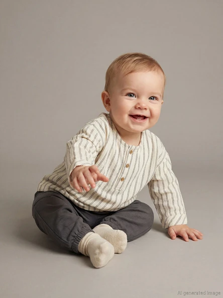 LCW baby Bej Çizgili Erkek Bebek Gömlek ve Pantolon ürün görseli 1