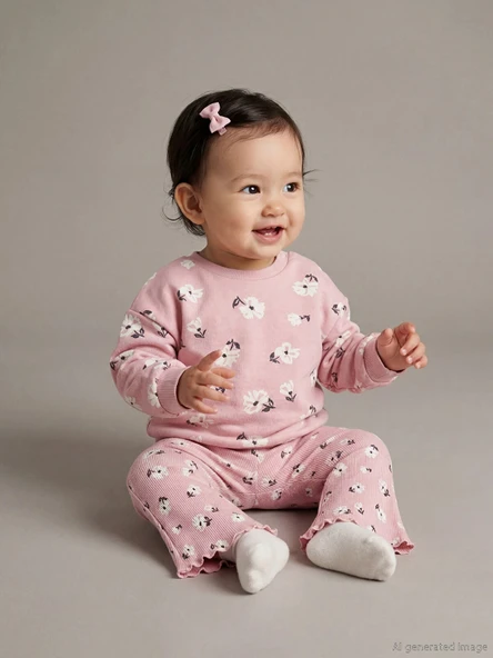 LCW baby Pembe Bisiklet Yaka Çiçekli Kız Bebek Sweatshirt ve Tayt ürün görseli 1