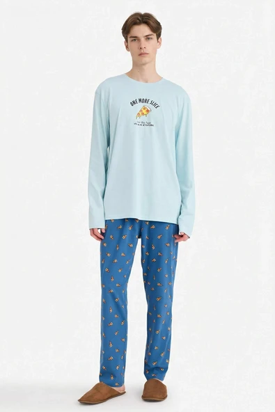 Defacto G4959AXTR487 Turkuaz Pijama Takımı Regular Fit Baskılı Uzun Kollu Üst Desenli Uzun Alt ürün görseli 1