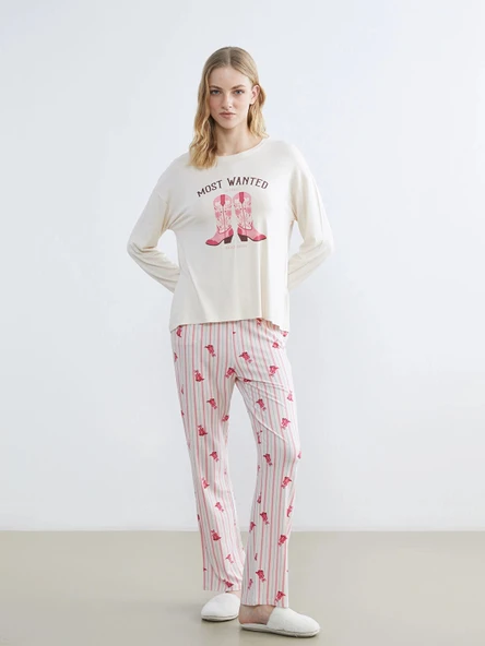 LCW DREAM Ekru Bisiklet Yaka Baskılı Kadın Pijama Takımı ürün görseli 1