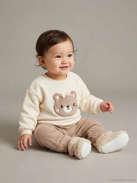 LCW baby Bej Hayvan Figürlü Kız Bebek Sweatshirt ve Pantolon ürün görseli 1