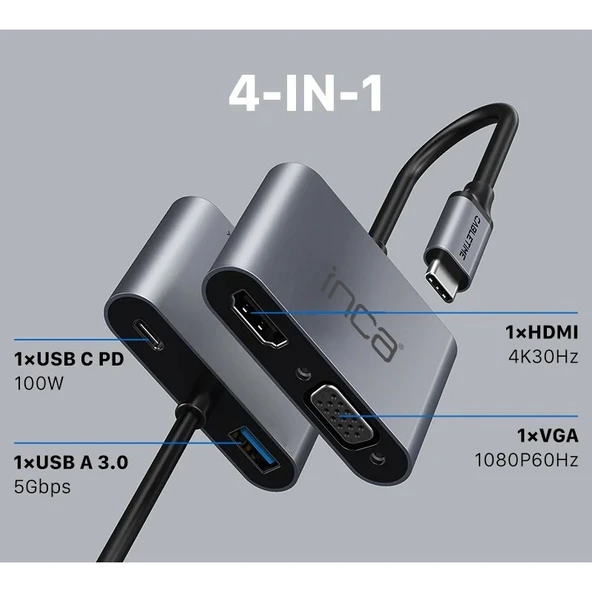 INCA ITPC-06T TYPE-C HUB X4 HDMI 4K@30 Hz+ VGA+ USB 3.0+PD 100W ALUMINYUM KASA ÇOKLAYICI ürün görseli 1