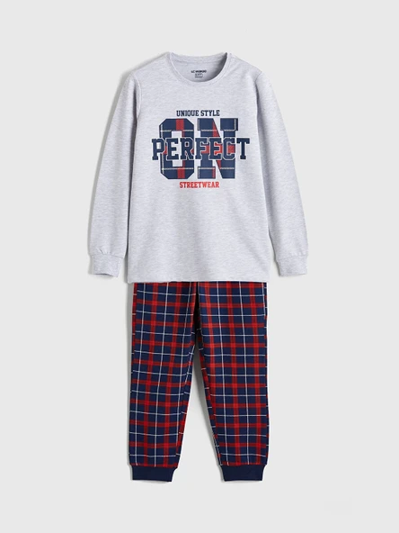 LCW Kids Gri Bisiklet Yaka Ekose Erkek Çocuk Pijama Takımı ürün görseli 1