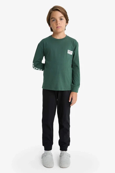 Defacto F3346A8GN438 Yeşil Erkek Çocuk Pijama Takımı Baskılı Uzun Kollu Üst Uzun Alt ürün görseli 1