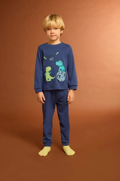 Defacto F0530A5IN59 İndigo Erkek Bebek Pijama Takımı Dinozor Baskılı Uzun Kollu Üst Uzun Alt ürün görseli 1