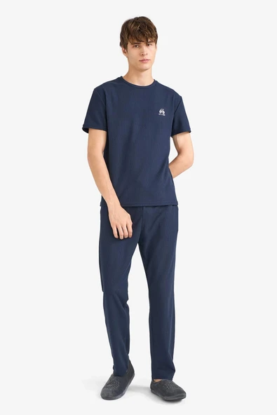 Defacto F5897AXNV135 Lacivert Pijama Takımı Waffle Kısa Kollu Üst Uzun Alt ürün görseli 1