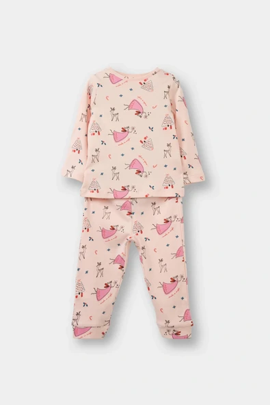 Defacto F0642A5PN127 Pembe Kız Bebek Pijama Takımı Yılbaşı Temalı Uzun Kollu Üst Uzun Alt ürün görseli 1