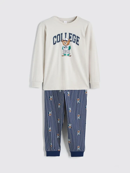 LCW Kids Gri Bisiklet Yaka Ayı Teddy Baskılı Erkek Çocuk Pijama Takımı ürün görseli 1