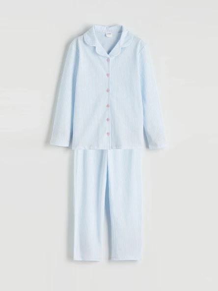 LCW Kids Beyaz Çizgili Gömlek Yaka Kız Çocuk Pijama Takım ürün görseli 1