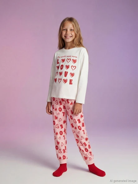 LCW Kids Ekru Bisiklet Yaka Kız Çocuk Pijama Takımı ürün görseli 1