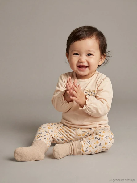 LCW baby Bej Kalp Baskılı Kız Bebek Bluz ve Tayt ürün görseli 1