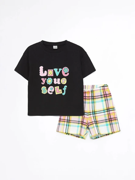 LCW Kids Siyah Bisiklet Yaka Baskılı Kısa Kollu Kız Çocuk Şortlu Pijama Takımı ürün görseli 1