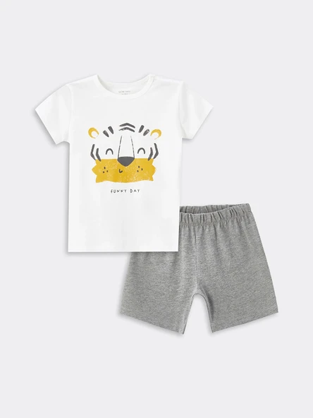LCW baby Ekru Bisiklet Yaka Kısa Kollu Baskılı Erkek Bebek Şortlu Pijama Takımı ürün görseli 1