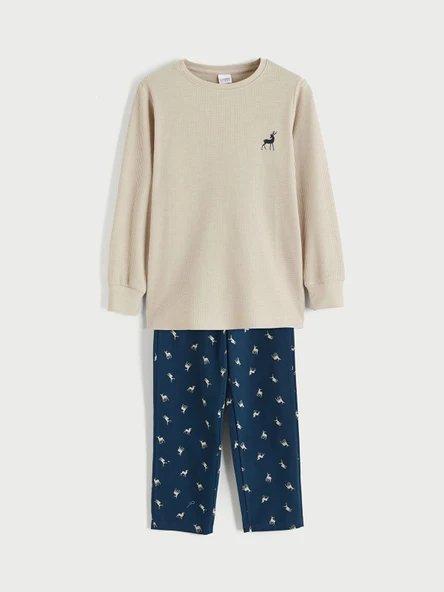 LCW Kids Bej Bisiklet Yaka Baskılı Erkek Çocuk Pijama Takım ürün görseli 1