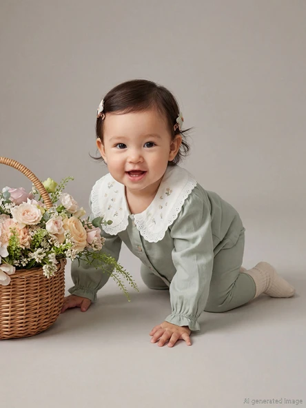 LCW baby Yeşil Bebe Yaka Nakışlı Uzun Kollu Kız Bebek Takım ürün görseli 1