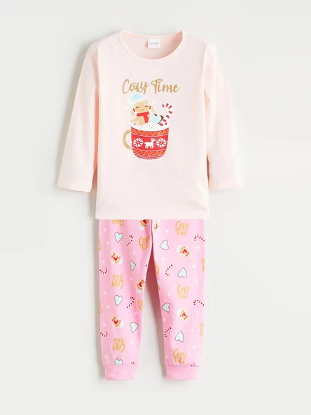 LCW Kids Pembe Bisiklet Yaka Baskılı Uzun Kollu Kız Çocuk Pijama Takımı ürün görseli 1