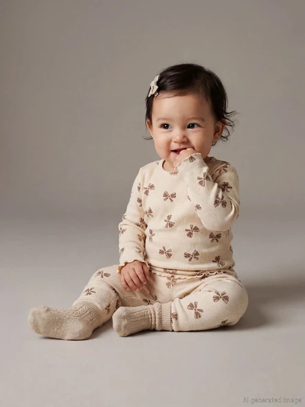 LCW baby Bej Bisiklet Yaka Fiyonk Baskılı Kız Bebek Tişört ve Tayt ürün görseli 1