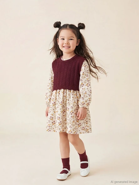 LCW Kids Ekru Çiçekli Kız Çocuk Elbise ve Süveter ürün görseli 1