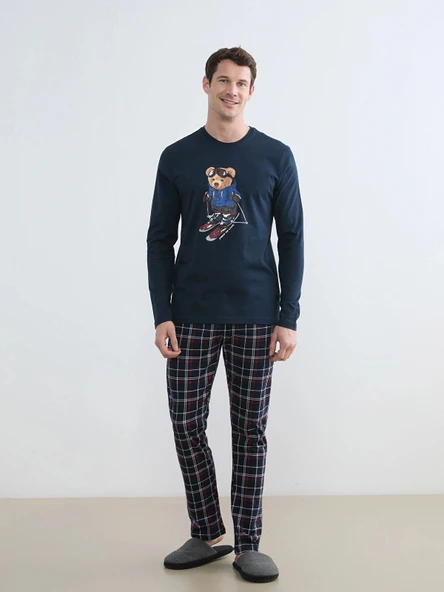 LC WAIKIKI Lacivert Bisiklet Yaka Ayı Teddy Baskılı Erkek Pijama Takım ürün görseli 1