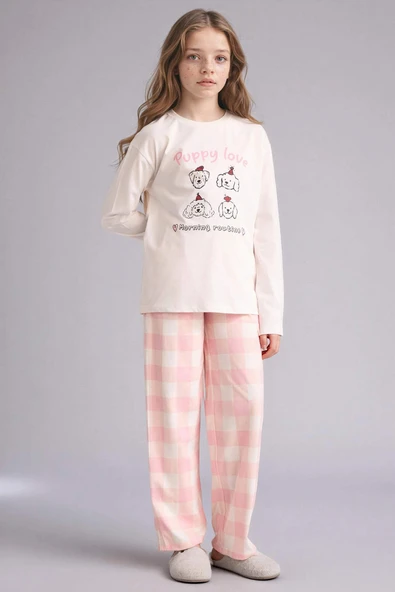 Defacto H0102A8ER103 Ekru %100 Pamuklu 2'li Pijama Takımı Kız Çocuk ürün görseli 1