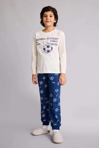 Defacto G9973A8ER98 Ekru %100 Pamuklu Spor Baskılı Beli Lastikli Pijama Takımı Erkek Çocuk ürün görseli 1