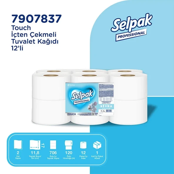 Selpak Pro Touch İçten Çekmeli Tuvalet Kağıdı 120M 12’li ürün görseli 1
