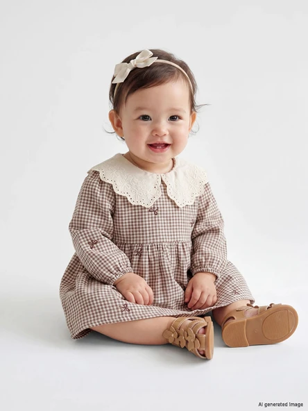 LCW baby Ekru Bebe Yaka Nakışlı Kız Bebek Müslin Elbise ürün görseli 1