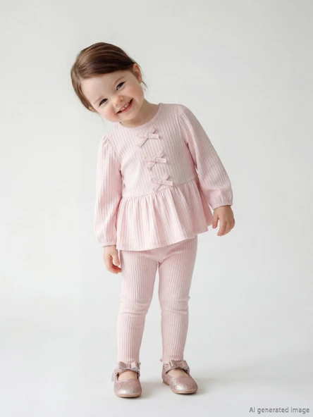 LCW baby Pembe Bisiklet Yaka Fiyonklu Kız Bebek Bluz ve Tayt ürün görseli 1