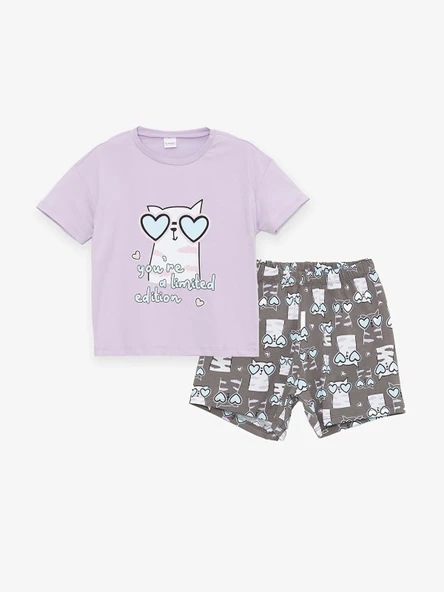 LCW Kids Lila Bisiklet Yaka Baskılı Kısa Kollu Kız Çocuk Şortlu Pijama Takımı ürün görseli 1