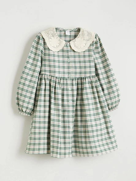 LCW Kids Yeşil Bebe Yaka Ekose Kız Çocuk Elbise ürün görseli 1