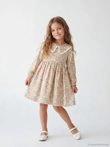 LCW Kids Sarı Bebe Yaka Çiçek Desenli Kız Çocuk Elbise ürün görseli 1