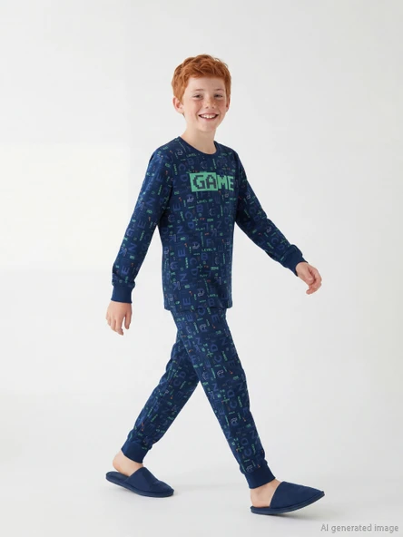 LCW Kids Lacivert Baskılı Bisiklet Yaka Erkek Çocuk Pijama Takımı ürün görseli 1