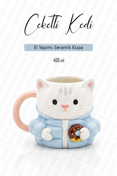 Ceketli Kedi Figürlü Kupa, El Yapımı, Kahve Kupası, Mug, 400 ml ürün görseli 1