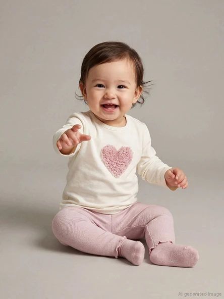 LCW baby Ekru Kalp Baskılı Kız Bebek Bluz ve Tayt ürün görseli 1