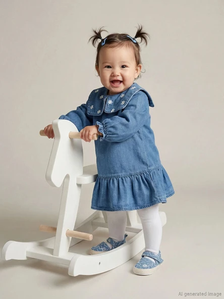 LCW baby Mavi Bebe Yaka Kız Bebek Jean Elbise ürün görseli 1