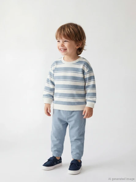 LCW baby Bej Bisiklet Yaka Çizgili Erkek Bebek Sweatshirt ve Eşofman Alt ürün görseli 1