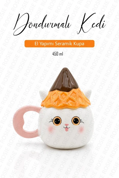 Şapkalı Kedi Figürlü Dolomite Kupa, El Yapımı 450 ML Kapaklı Mug ürün görseli 1