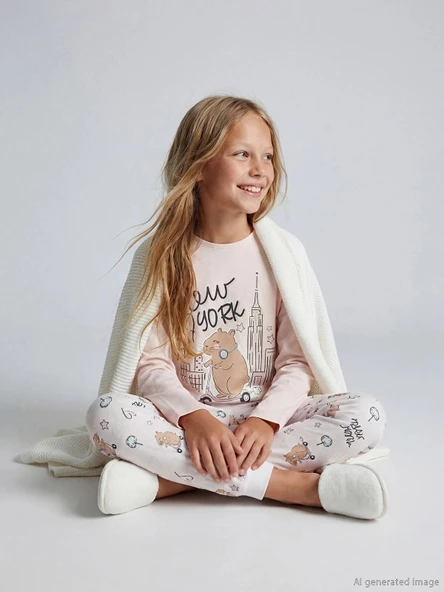 LCW Kids Pembe Bisiklet Yaka New York Baskılı Kız Çocuk Pijama Takım ürün görseli 1