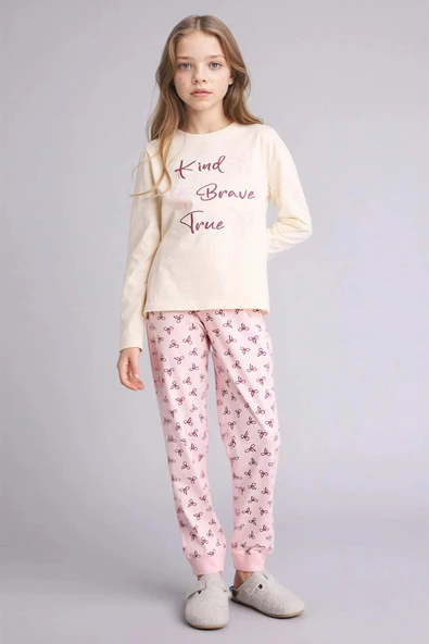 Defacto H0105A8ER233 Ekru %100 Pamuklu 2'li Pijama Takımı Kız Çocuk ürün görseli 1