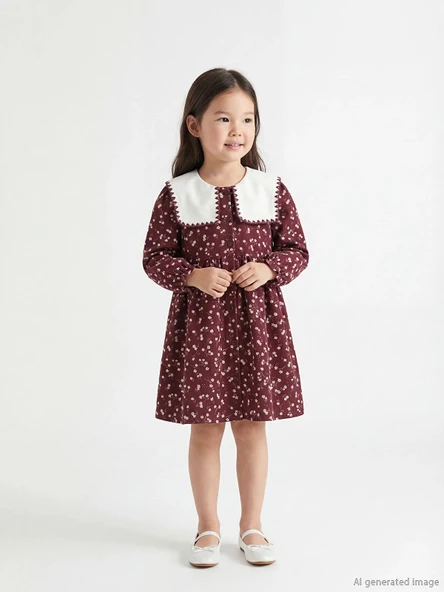 LCW Kids Bordo Bebe Yaka Çiçekli Kız Çocuk Elbise ürün görseli 1