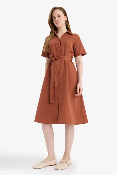 Defacto E7114AXBR228 Bordo A Kesim Poplin Midi Elbise ürün görseli 1
